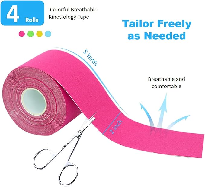 4 Pack Kinesiology Tape, Athletic Tape Supports Protects Muscles, Knees, Shoulders & Plantar Fasciitis, Waterproof & Hypoallergenic Kinesiology Tape (Mixed Color)