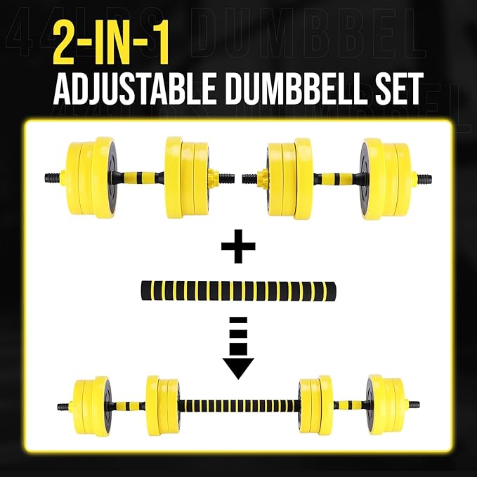 2-In-1 Adjustable Dumbbell Set, Dumbbell and Barbell Set, Yellow