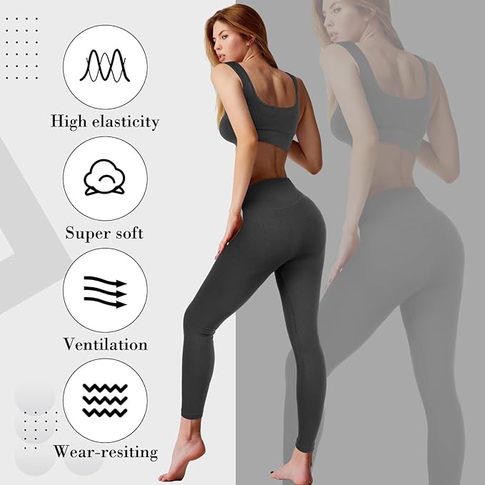 4 Pcs Women's Workout Sets Pilates Exercise Outfit Ribbed Scoop Neck Sports Bra Shorts Leggings Gym Clothes Set