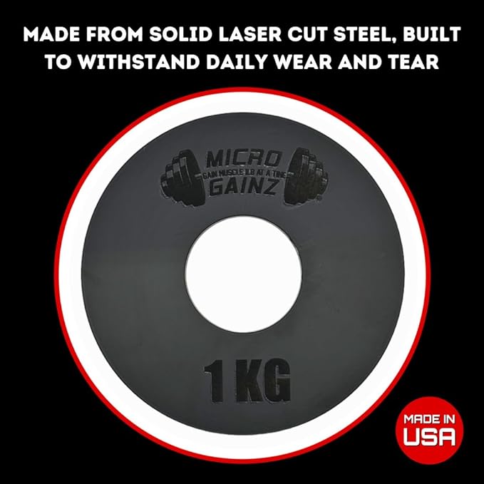 Micro Gainz Olympic Kilogram Fractional Weight Plate Set of 6 Steel Plates- (2-.25KG, 2-.50KG, 2-1KG) Plates -Designed for Olympic Barbells, Used for Strength Training and Micro Loading, Made in USA