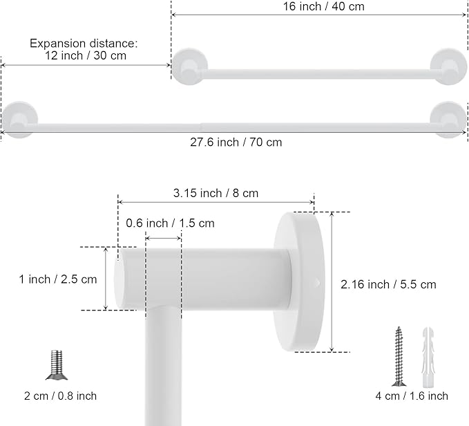Adjustable Single Bath Towel Bar 16 to 27.6 Inch Kitchen,1" Tube
