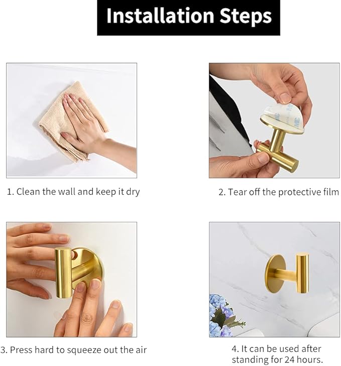 Adhesive Hooks Brushed Gold SUS304 Stainless Steel Towel 2 Pack