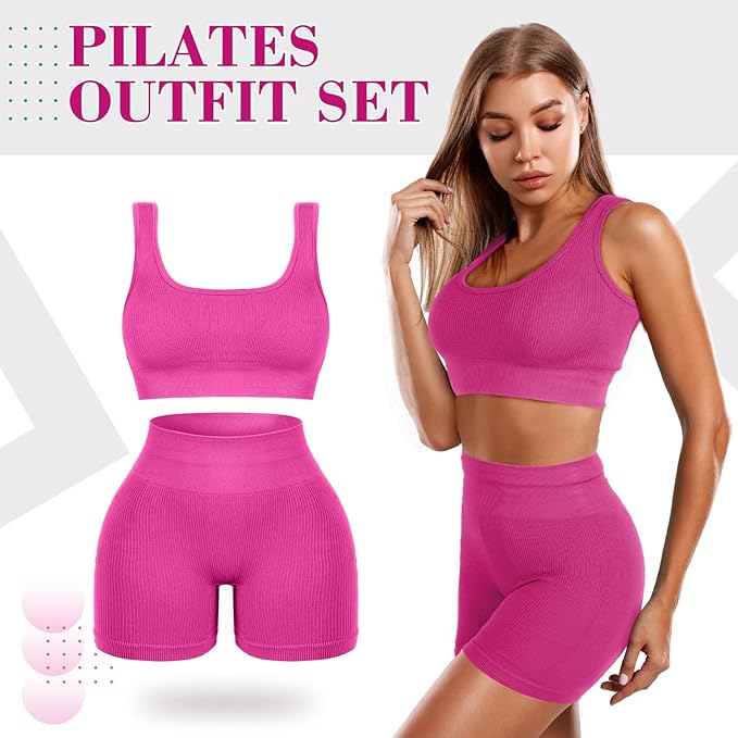 4 Pcs Women's Workout Sets Pilates Exercise Outfit Ribbed Scoop Neck Sports Bra Shorts Leggings Gym Clothes Set