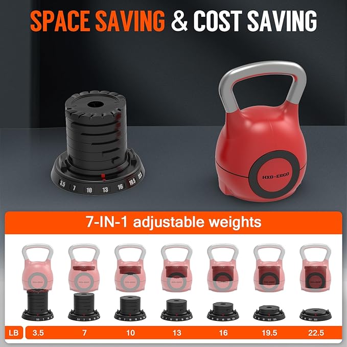 7-in-1 Adjustable Kettlebell, Quick-Adjust Kettlebell for Strength Training, 5-44 LBS Adjustable Weights for Home Gym