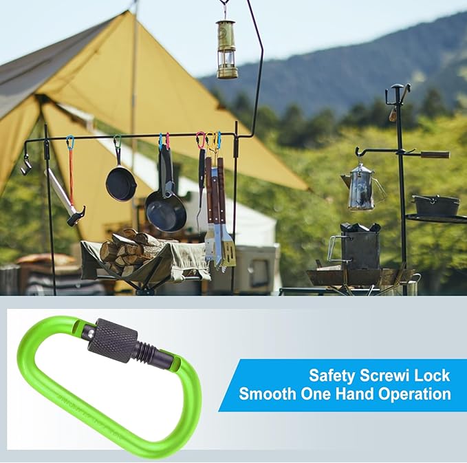 10 Pack Aluminum D Ring Key Rings Hiking Clips Locking Carabiner for Hiking Camping Fishing and Outdoor Use,Clips with Screw Gate Multicolored