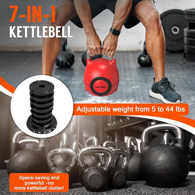 7-in-1 Adjustable Kettlebell, Quick-Adjust Kettlebell for Strength Training, 5-44 LBS Adjustable Weights for Home Gym