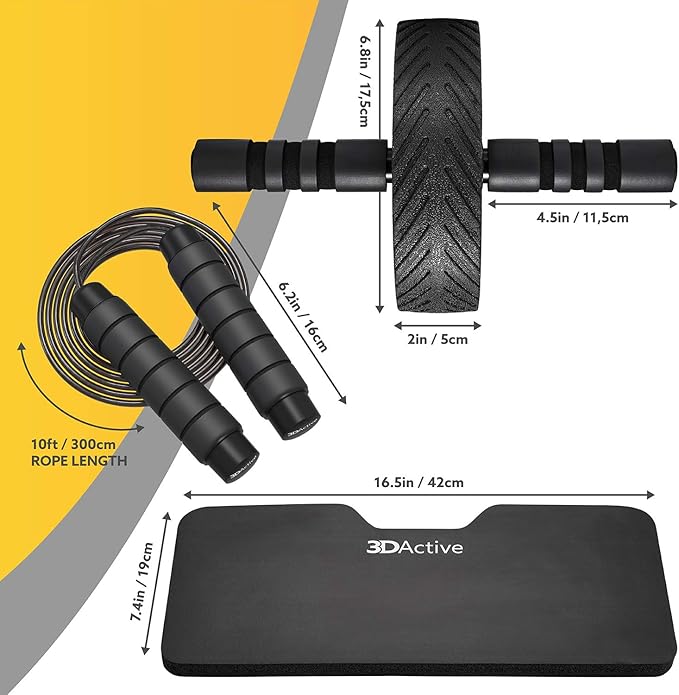 3DActive Ab Roller Wheel with Jump Rope & Knee Mat. Home Gym Exercise Equipment for Abs Workout, Core Training & Cardio Workouts.