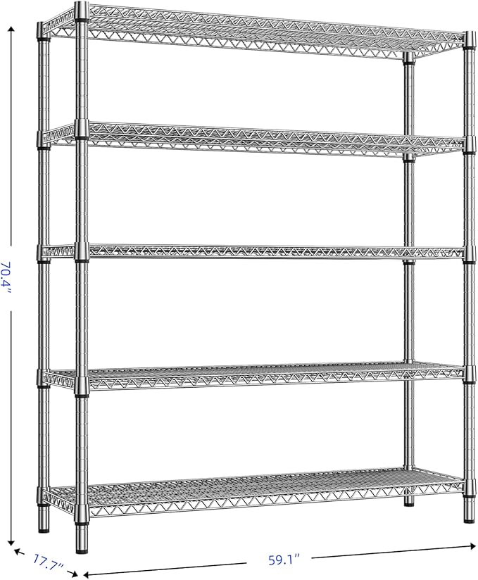 5 Tier Storage Rack Metal Wire Shelving Unit, Storage Standing Shelf Organizer for Laundry Bathroom Kitchen Pantry Closet Garage Basement Utility Room, Chrome 17.7" D x 59.1" W x 70.4" H