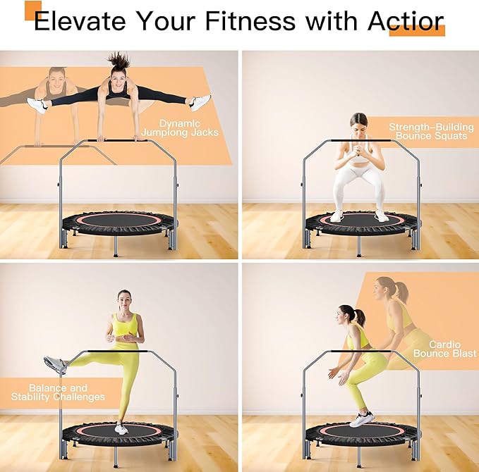 40"/48" Foldable Mini Fitness Rebounder with Adjustable Foam Handle, Max Load 330/440 lbs, Indoor Cardio Exercise Rebounder for Adults