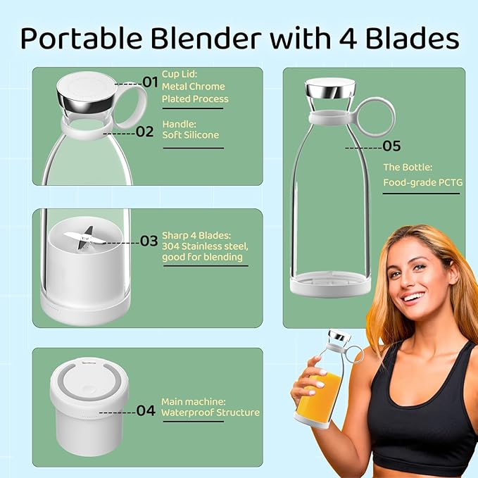 Mini Blender for Smoothies and Milkshakes, Portable Blender, Rechargeable, Personal Size Blender with Quota Outer Travel Lid with 4 Blades, 11 oz for Outdoors, Camping (Purple)