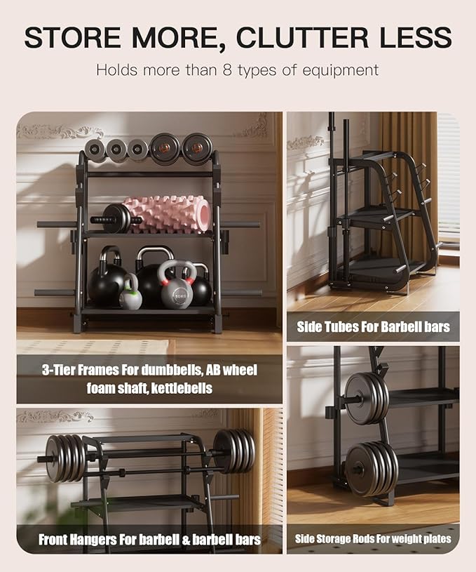 3-Tier Dumbbell Rack Stand Only - 700LB Heavy Duty Weight Storage Organizer with Thickened Steel Tube, Adjustable Weight Stand for Dumbbells, Barbells, Kettlebells, Black/Beige