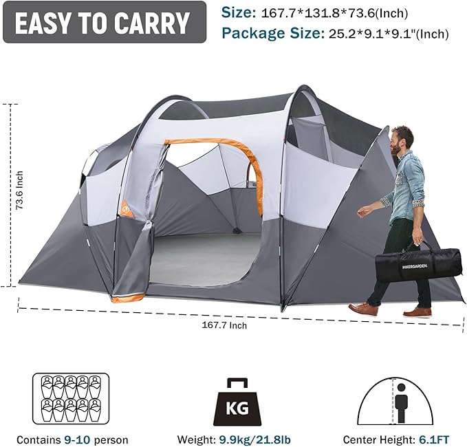 HIKERGARDEN 10 Person Camping Tent - Portable Easy Traveling-14'x11'x74in(H)