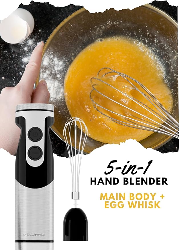 MegaWise Pro Titanium Reinforced 5-in-1 Immersion Hand Blender, Powerful 400W with 80% Sharper Blades, 12-Speed Corded Blender, Including 500ml Chopper, 600ml Beaker, Whisk and Milk Frother (Black)