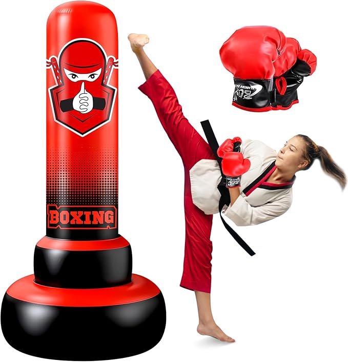 66 Inch Inflatable Kids Punching Bag with Boxing Gloves, Freestanding Boxing Bag, Stand Kids Punching Bag Toy, Bounce-Back Bag Gifts for Kids, Girls, Boxing Set for Practicing Karate, Taekwondo, MMA
