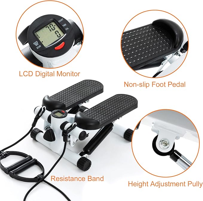 Mini Steppers for Exercise at Home, Stair Stepper with Resistance Bands Mini Stepper with 330LBS Loading Capacity, Hydraulic Fitness Stepper with LCD Monitor, Full Body Cardio Equipment
