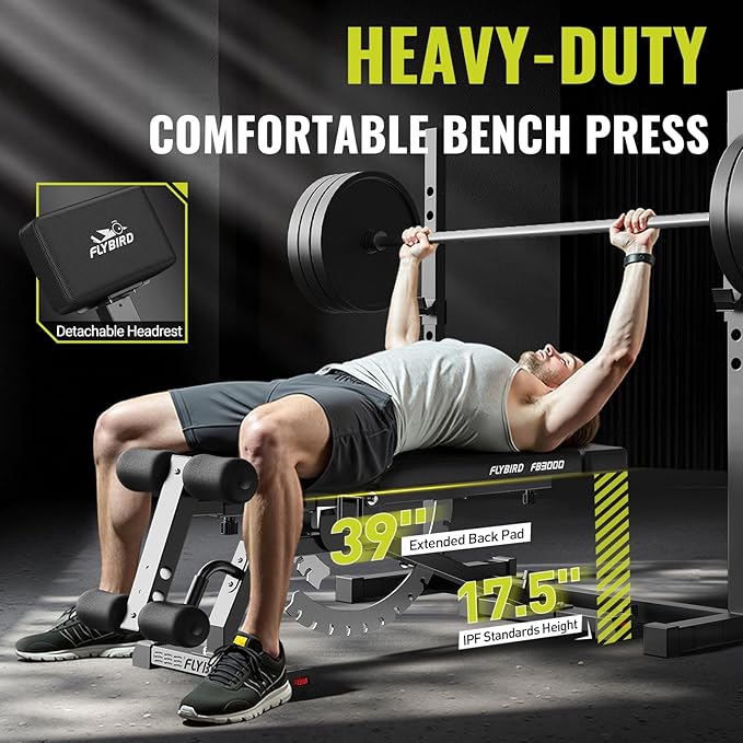 FLYBIRD Adjustable Weight Bench, Vertical Storage Space-Saving Workout Bench, 1200lbs Capacity Strength Training Bench with Detachable Headrest and Leg Support for Home Gym