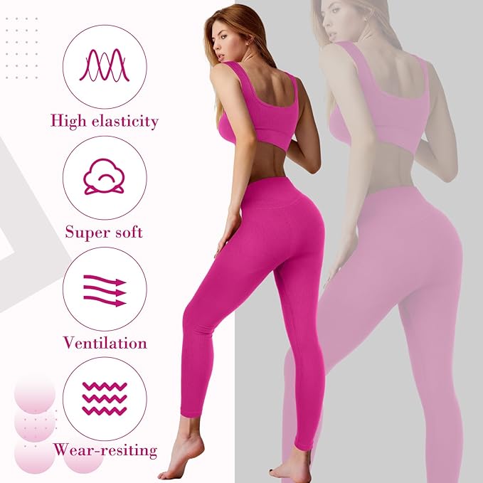 4 Pcs Women's Workout Sets Pilates Exercise Outfit Ribbed Scoop Neck Sports Bra Shorts Leggings Gym Clothes Set