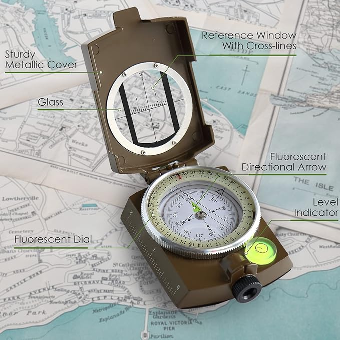 Military Lensatic Compass with Pouch & Lanyard Waterproof