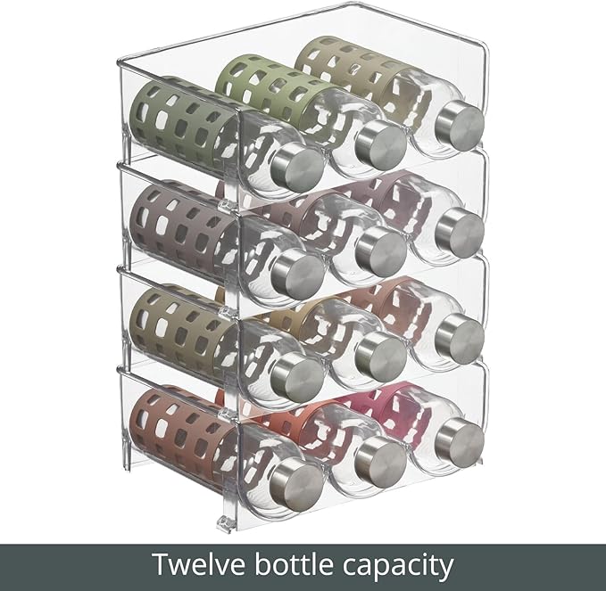 mDesign Plastic Free-Standing Stackable 3 Bottle Storage Holder Rack - Water, Wine, and Drink Organizer Shelf for Kitchen Countertop, Cabinet, Pantry, Fridge, Freezer, 4 Pack - Clear