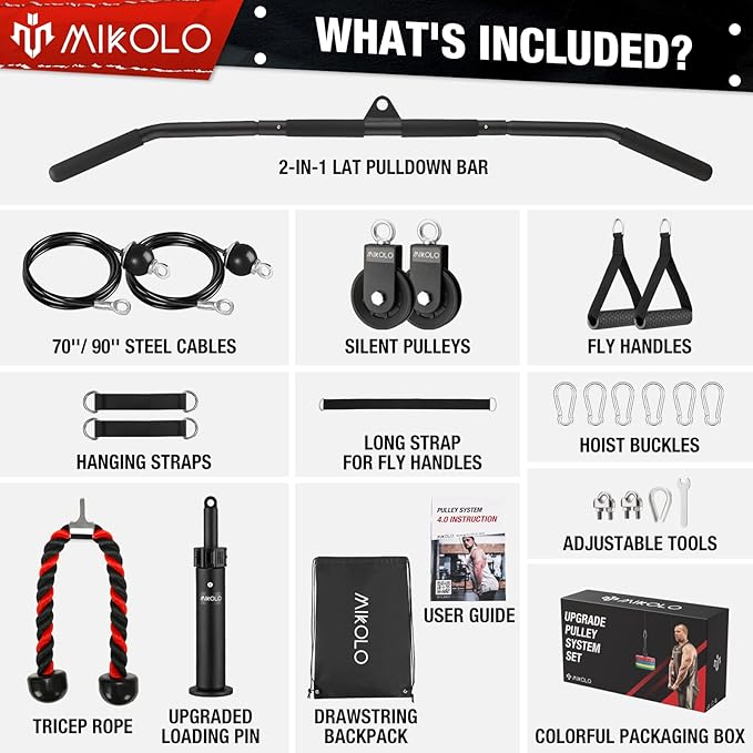Mikolo Upgraded Weight Lift Pulley System - LAT Pulley Attachments with Adjustable Length Cable for Full Body Training, Home Gym Set, 2023 Version