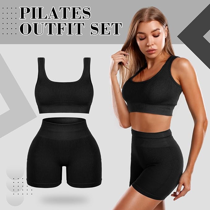 4 Pcs Women's Workout Sets Pilates Exercise Outfit Ribbed Scoop Neck Sports Bra Shorts Leggings Gym Clothes Set