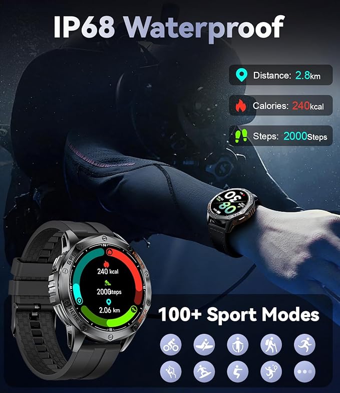 LIGE GPS Military Smart Watch for Men, LED Flashlight/Compass/45 Days Battery/IP68 Waterproof 1.43'' AMOLED Smartwatch, 100+ Sports Modes Fitness Tracker, Rugged Smart Watches for Android iOS