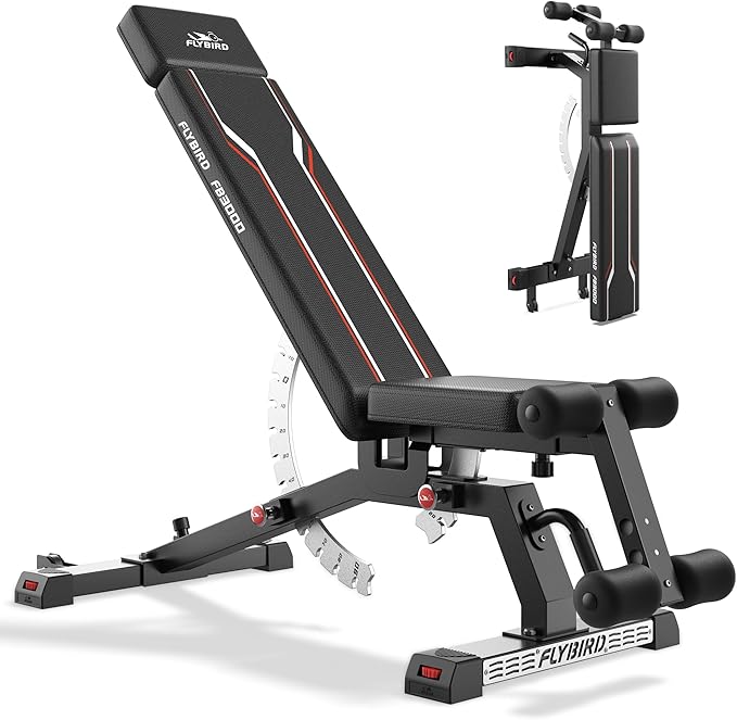 FLYBIRD Adjustable Weight Bench, Vertical Storage Space-Saving Workout Bench, 1200lbs Capacity Strength Training Bench with Detachable Headrest and Leg Support for Home Gym