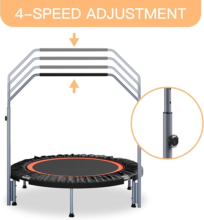 40"/48" Foldable Mini Fitness Rebounder with Adjustable Foam Handle, Max Load 330/440 lbs, Indoor Cardio Exercise Rebounder for Adults