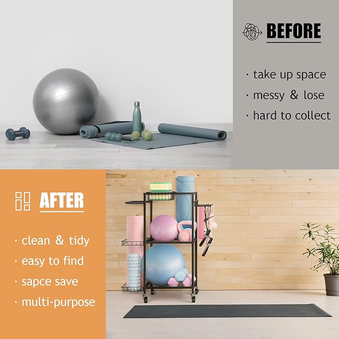 LIANTRAL Yoga Mat Storage Rack - Metal Gym Organizer for Yoga Mats, Foam Rollers & Fitness Equipment, Space Saving Workout Equipment Storage Rack for Home Exercise and Fitness Gear