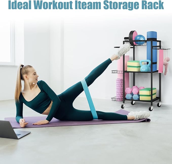 LIANTRAL Yoga Mat Storage Rack - Metal Gym Organizer for Yoga Mats, Foam Rollers & Fitness Equipment, Space Saving Workout Equipment Storage Rack for Home Exercise and Fitness Gear