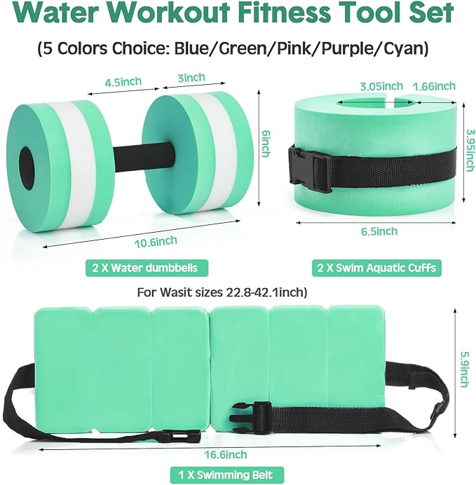 5 Pcs Aquatic Exercise Set Including 2 Ankle Swimming Weights 2 Lightweight Aquatic Exercise Dumbbells and Swim Belt Pool Exercise Equipment for Aquatic Aerobics Exercise
