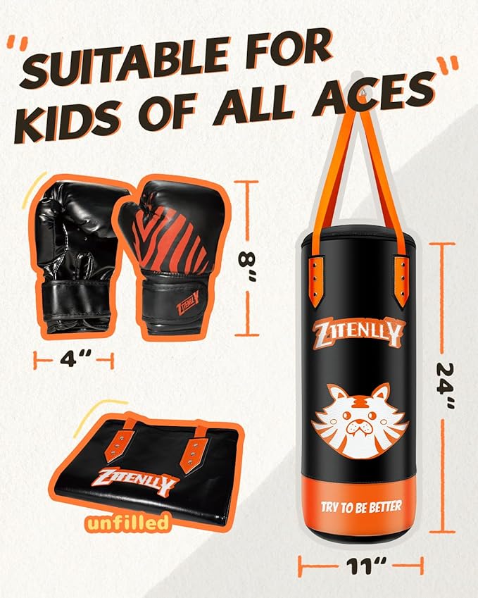 Kids Punching Bag with Gloves - PU Leather & Adjustable Height Strap - Boxing Bag Set for 3-8 Years Kids Great for Boxing, MMA, Kickboxing
