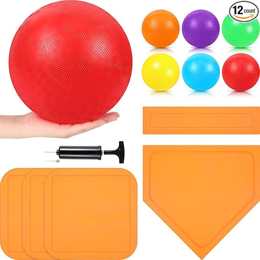 Hiboom 12 Pcs Dodgeball Set with Bases Playground 6 Bouncing 5 Rubber 1 Ball