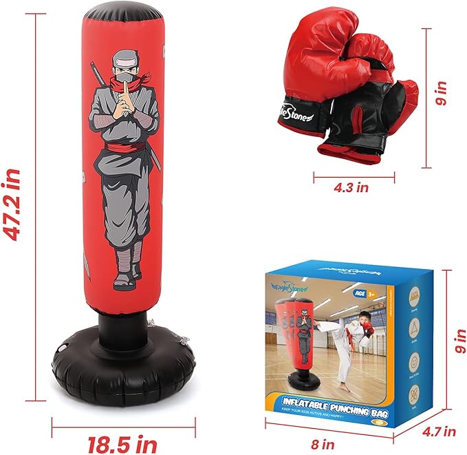 47" Kids Punching Bag with Boxing Gloves, Inflatable Boxing Bag for Boys and Girls