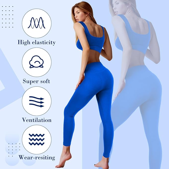 4 Pcs Women's Workout Sets Pilates Exercise Outfit Ribbed Scoop Neck Sports Bra Shorts Leggings Gym Clothes Set