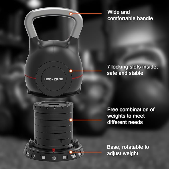7-in-1 Adjustable Kettlebell, Quick-Adjust Kettlebell for Strength Training, 5-44 LBS Adjustable Weights for Home Gym