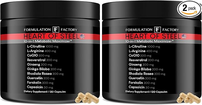 Heart of Steel: 10-in-1 Metabolic Maximizer Nitric Oxide Supplement, Blood Pressure Support, L Arginine, L Citrulline Natural Pre-Workout: Energy Management 120 Count (2 Pack)