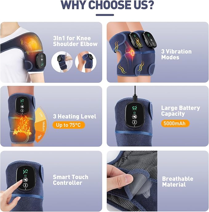 MOAJAZA Cordless Knee Massager Heated Shoulder Brace, Knee Heating Pad for Arthritis with Vibration (Pack of 2 Blue)