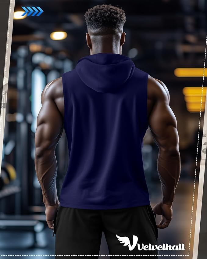 3 Pack Men's Big & Tall Workout Hooded Tank Tops, Cotton Sleeveless Gym Hoodies Bodybuilding Muscle Cut Off Shirts