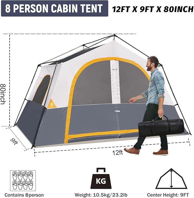 HIKERGARDEN 8 Person Camping Tent - Portable Family Traveling-12'x9'x80in(H)