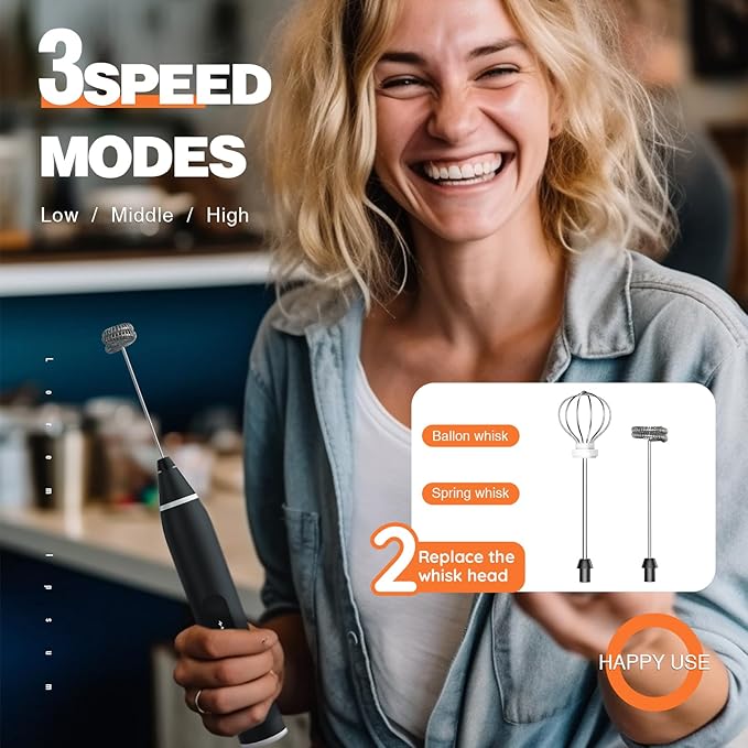 Milk Frother Rechargeable Handheld Electric Whisk Coffee Frother Mixer with 2 Stainless whisks 3 Speed Adjustable Foam Maker Blender for Coffee Matcha Latte Cappuccino Hot Chocolate(Black)