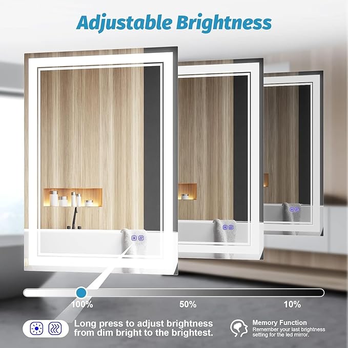 24 x 32 Inch Led Mirror for Bathroom 3 Colors CRI95+, Memory
