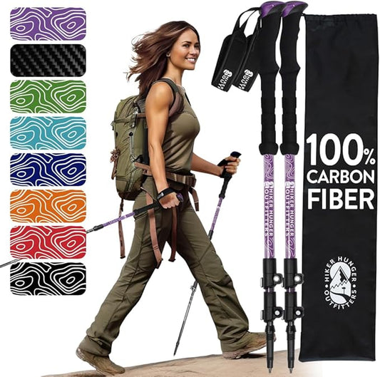 100% Carbon Fiber Trekking Poles by USA Brand - Ultra Strong Lightweight Collapsible Hiking Poles with Cork and EVA Foam Grips & Quick Adjustable Flip Locks