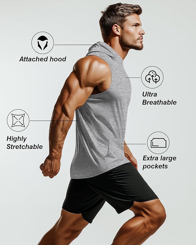 3 Pack Men's Big & Tall Workout Hooded Tank Tops, Cotton Sleeveless Gym Hoodies Bodybuilding Muscle Cut Off Shirts