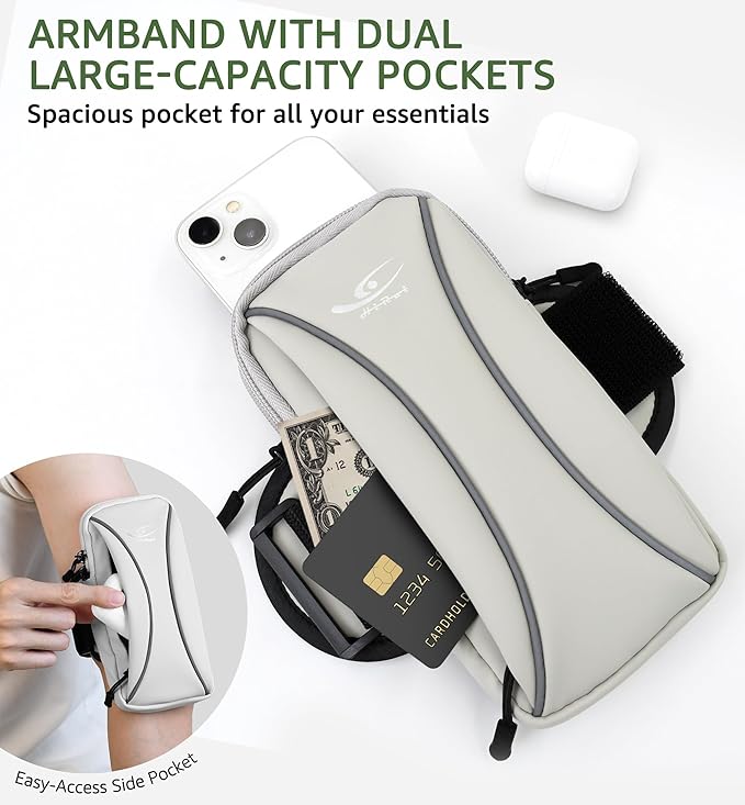 HiRui Arm Bag & Wrist Bag Phone Holder, Sports Running Armband for Gym, Cycling & Workout, Compatible with iPhone 16/15/14 Series, Samsung Galaxy & More, Reflective, Adjustable, Secure Fit (Gray)