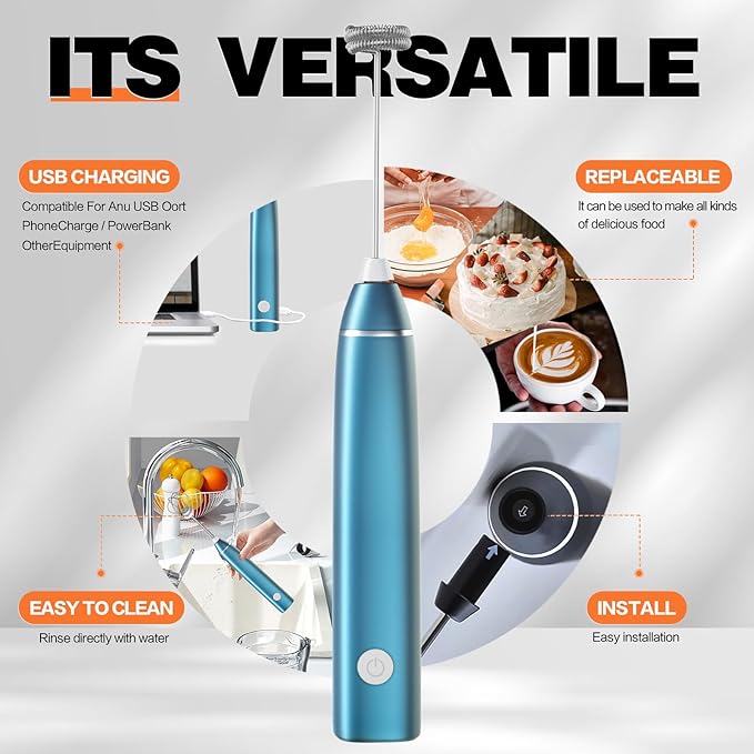 Milk Frother Rechargeable Handheld Electric Whisk Coffee Frother Mixer with 2 Stainless whisks 3 Speed Adjustable Foam Maker Blender for Coffee Matcha Latte Cappuccino Hot Chocolate(C-Blue)