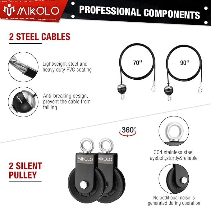 Mikolo Upgraded Weight Lift Pulley System - LAT Pulley Attachments with Adjustable Length Cable for Full Body Training, Home Gym Set, 2023 Version