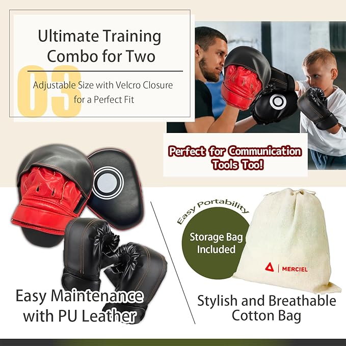 MERCIEL Pro Training Boxing Gloves and Boxing Punching Mitts for Adults – Comprehensive Boxing Set Adult Men and Women for Training, Muay Thai, MMA, Kickboxing, and Heavy Bag Work