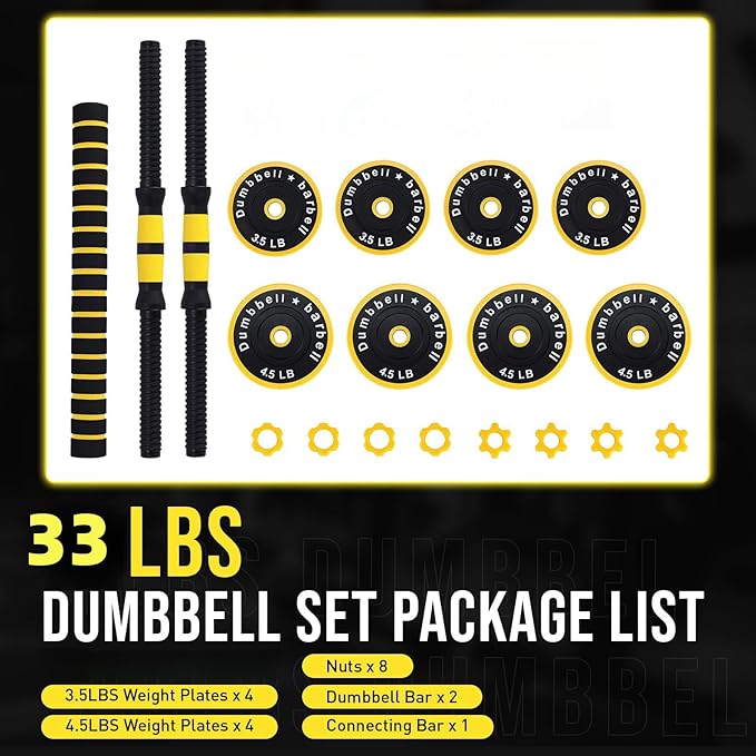 2-In-1 Adjustable Dumbbell Set, Dumbbell and Barbell Set, Yellow