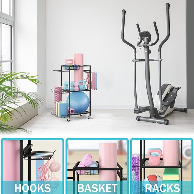 LIANTRAL Yoga Mat Storage Rack - Metal Gym Organizer for Yoga Mats, Foam Rollers & Fitness Equipment, Space Saving Workout Equipment Storage Rack for Home Exercise and Fitness Gear